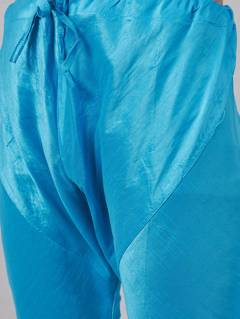 Vastramay Men's Orange Matka Silk Nehru Jacket With Aqua Blue Silk Blend Kurta and Pyjama Set